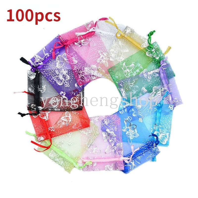 Set 100 Túi Lưới Rút Dây Đựng Kẹo Trang Sức Họa Tiết Bướm Cho Tiệc Cưới