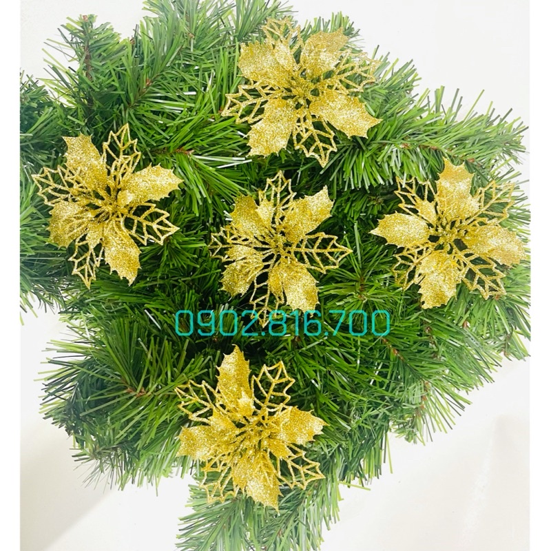Sét 5 hoa trạng nguyên kim tuyến đỏ và hoa trang nguyên kim tuyến vàng 10cm trang trí cây thông noel lễ tết giáng sinh