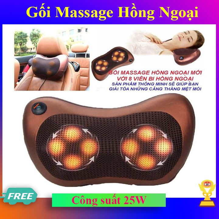 Gối massage hồng ngoại 8 bi xoa bóp, ấn nguyệt, đấm bóp sạc điện Nhật Bản