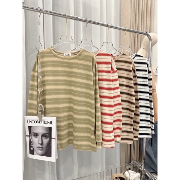 [Ảnh thật/Video]Áo thun thu đông sắc màu trẻ trung thiết kế kẻ ngang hàng Quảng Châu