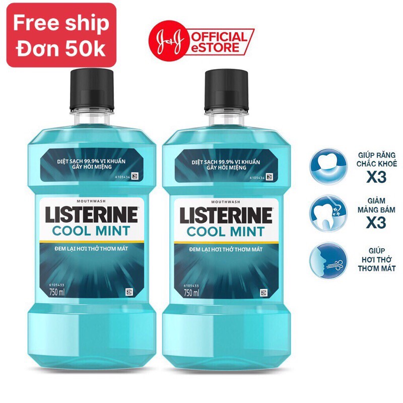 Bộ 2 chai nước súc miệng diệt khuẩn giữ hơi thở thơm mát Listerine Cool Mint 750ml/chai