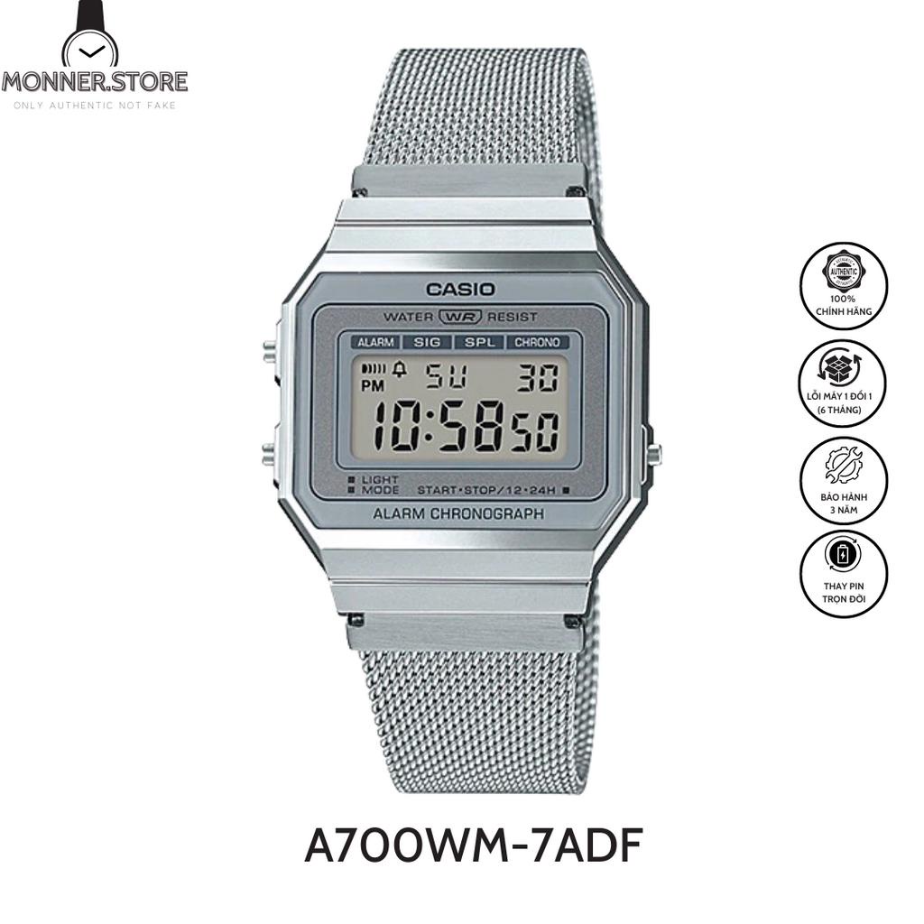 Đồng Hồ Điện Tử Unisex Casio MONNERSTORE A700WM-7ADF Thiết Kế Mặt Kính Khoáng 35.5mm, Dây Đeo Kim Lo