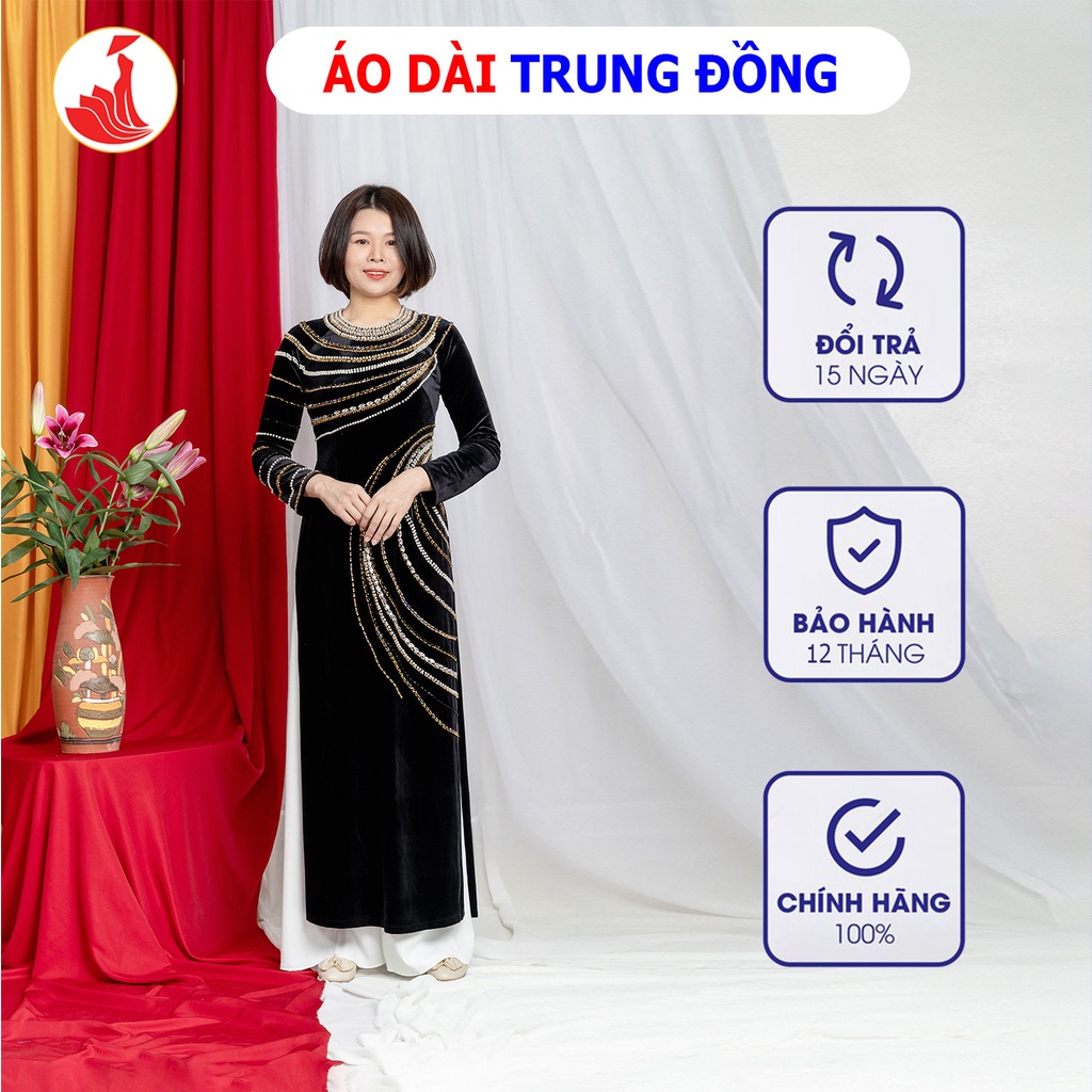 Áo dài Nhung đẹp đính kết phale thủ công| Áo dài trung đồng