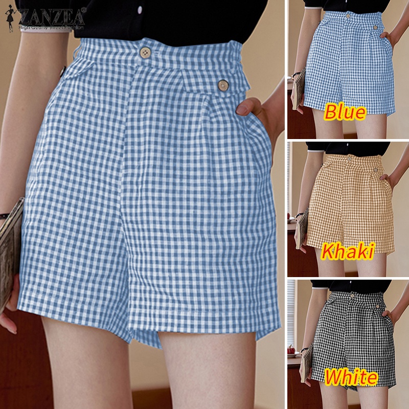 Zanzea Quần Short Lưng Thun Có Túi Họa Tiết Sọc Caro Thời Trang Cho Nữ