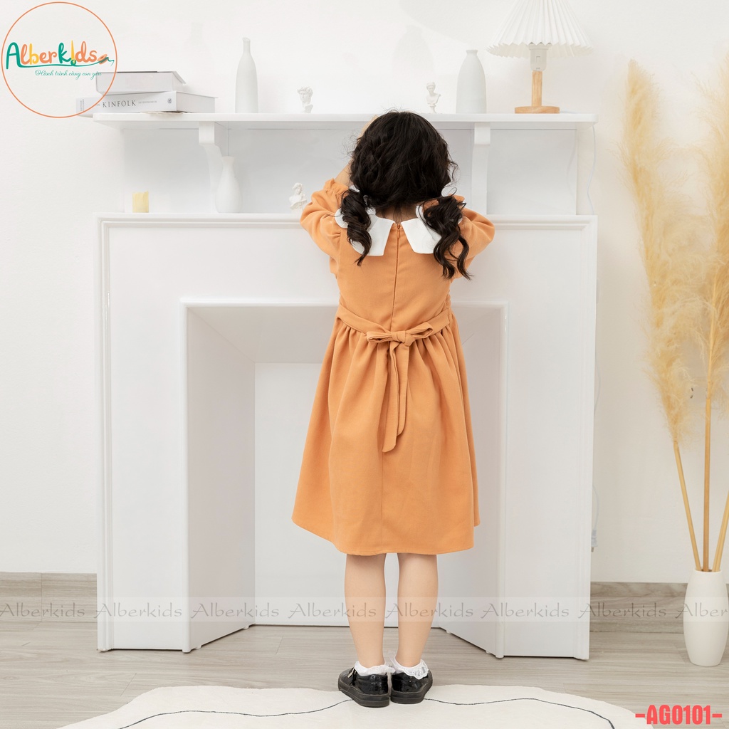 Váy bé gái ALBERKIDS dài tay cam phối cổ trắng xinh đẹp cho trẻ em 2,3,4,5,6,7,8,9,10,11,12 tuổi AG0101
