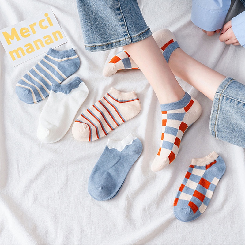 Vớ cotton Cổ Thuyền Kẻ Sọc Caro Màu Xanh Dương Dễ Thương Thời Trang Xuân Hè Cho Học Sinh