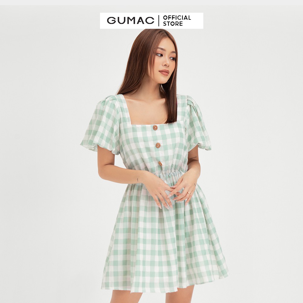 [Mã MABR07062 giảm 8% tối đa 50K đơn từ 249K] Đầm xòe nữ tay bí GUMAC họa tiết caro màu xanh trẻ trung DB485 | BigBuy360 - bigbuy360.vn
