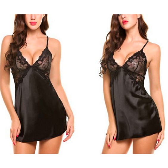 (Có size) Váy ngủ 2 dây lụa phối ren có đệm ngực, chất mỏng nhẹ, thoáng mát - Dây đan lưng