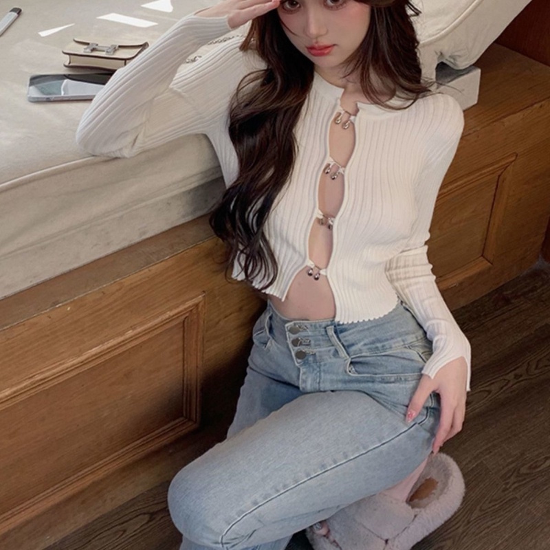 Áo cardigan COZOK dệt kim tay dài dáng ôm khoét lỗ thời trang Hàn Quốc