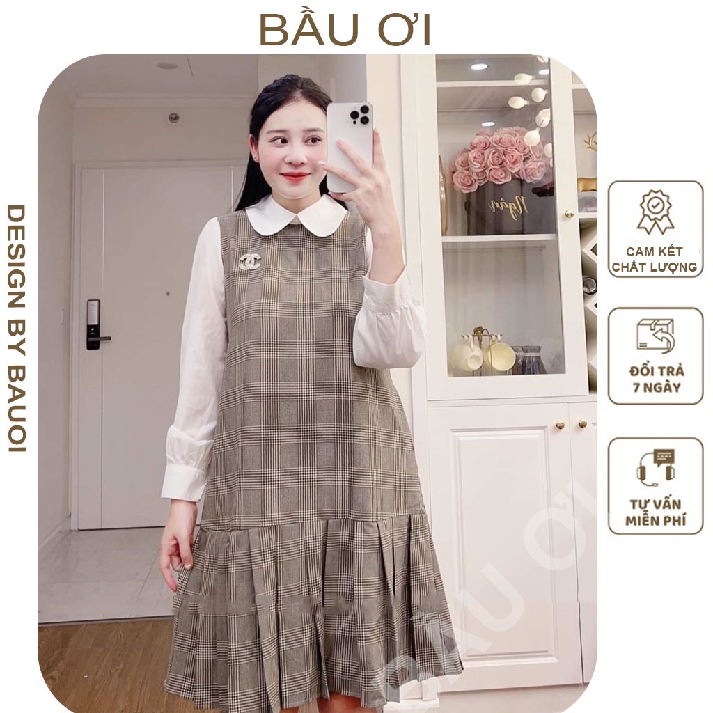 VÁY BẦU MÙA THU CHẤT DẠ PHỐI CỔ SEN KIỂU DÁNG ĐUÔI CÁ XẾP LY - ĐẦM BẦU CÔNG SỞ ĐẸP FREE SIZE