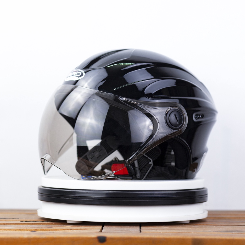 Mũ Bảo Hiểm Nửa Đầu GRO Helmet có kính, kiểu dáng thể thao cho nam và nữ, khóa kim loại chắc chắn - Đen Bóng