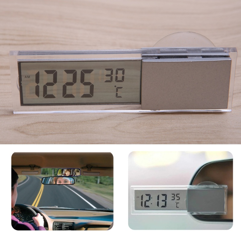 Đồng hồ điện tử mini màn hình LCD 2 trong 1 + nhiệt kế + giác hút cho xe ô tô / xe tải