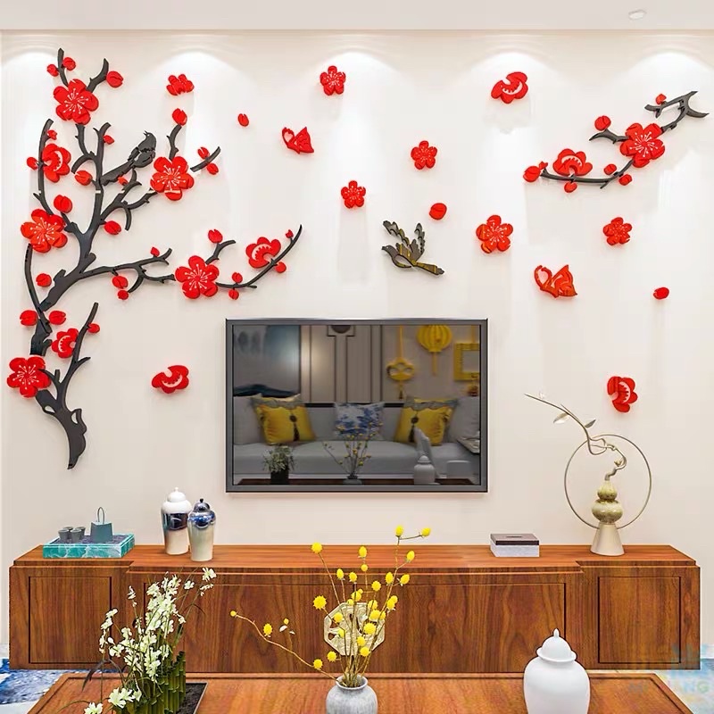 Tranh dán tường mica 3d hoa đào 2 bên, tranh dán tường phòng khách, phòng ngủ, phòng ăn, phòng bếp hoa đào mai tết 2023