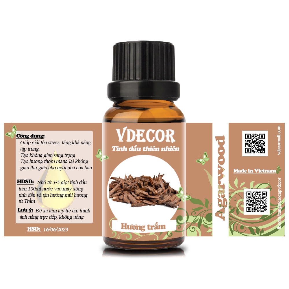 Tinh dầu Trầm Hương Vdecor 100% nguyên chất tự nhiên làm thơm phòng 10ml