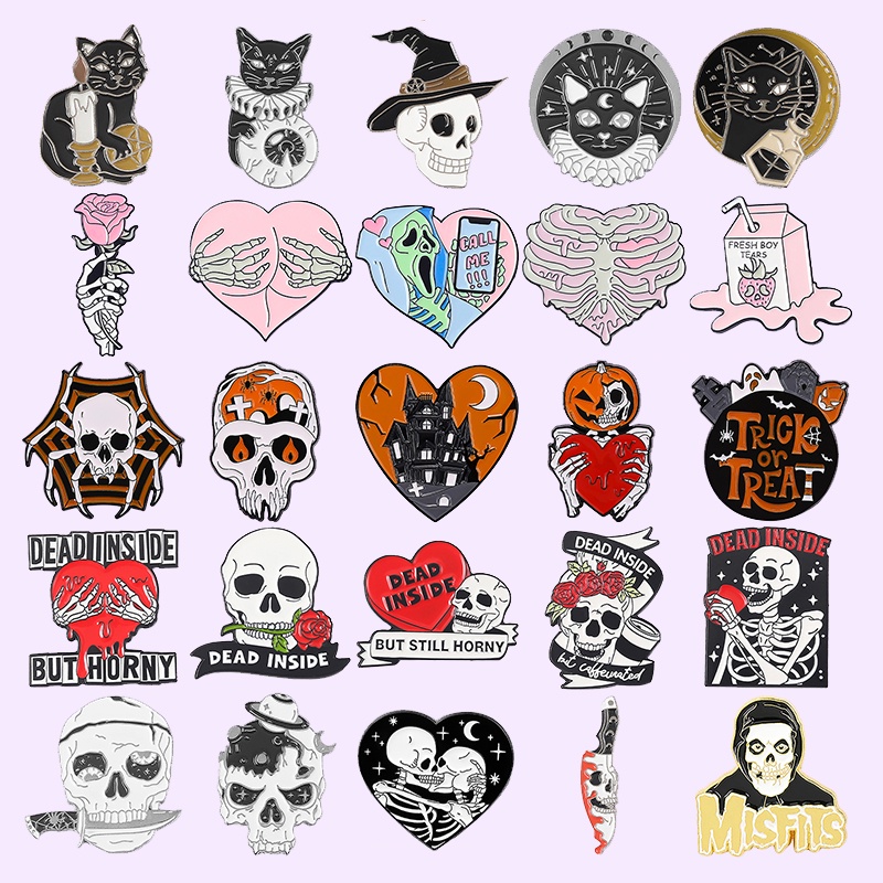 Ghim Cài Áo Bằng Hợp Kim Tráng Men Hình Đầu Lâu / La Bàn / Mèo Đen Phong Cách Punk