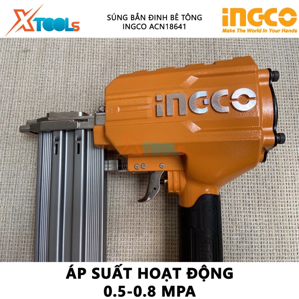 Máy bắn đinh bê tông ST64 dùng khí nén INGCO ACN18641 | dụng cụ bắn đinh dùng hơi khả năng chứa đinh 70 pcs chiều dài đi