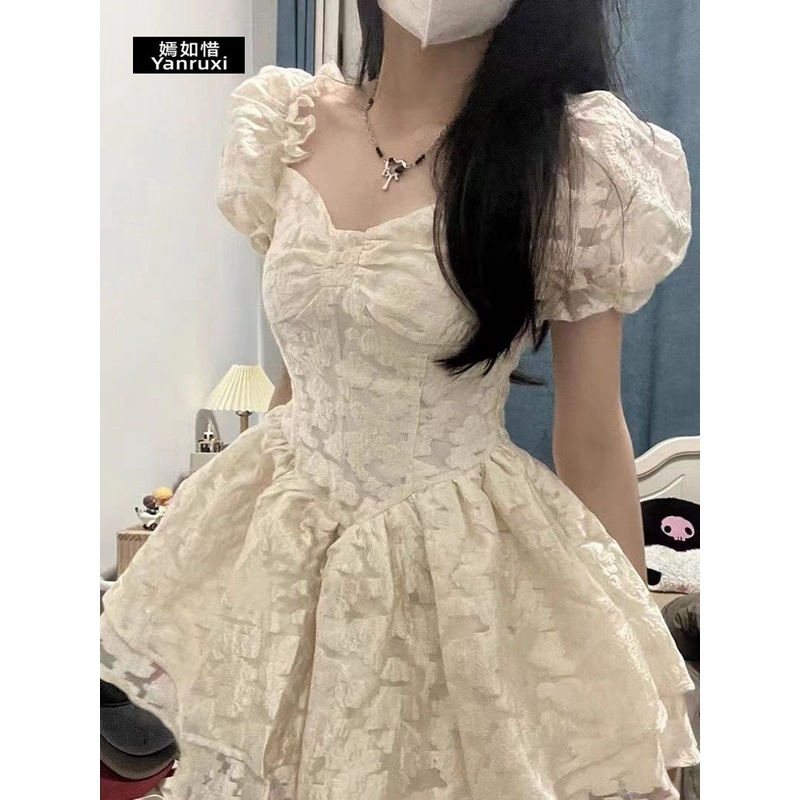 Váy babydoll Yanruxi / Đầm Công Chúa Tay Phồng Cổ Vuông Eo Hẹp Thời Trang Mùa Hè Cho Nữ