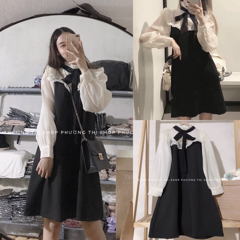 VÁY THIẾT KẾ NƠ CỔ PHA TAY VOAN SIÊU SANG (hình thật/video/sẵn)