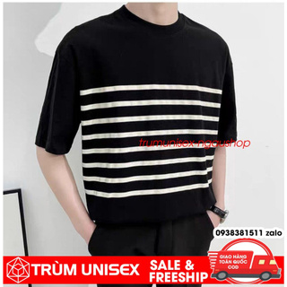 Áo phông nam áo thun form rộng unisex sọc tàu trắng kèm áo thật vải cotton đen cam đất nâu Trùm Unisex