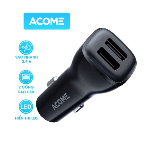 Tẩu Sạc Ô Tô ACOME ACC05 2 Cổng USB Hỗ Trợ Sạc Nhanh Tương Thích Với Nhiều Thiêt Bị