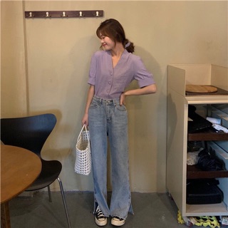 [Order] áo sơmi cổ V nút bọc ulzzang