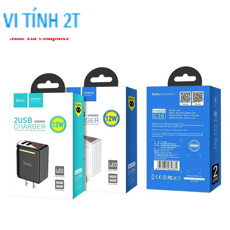 (Hỏa tốc TpHCM) Củ sạc 2 cổng Hoco C39 chân dẹp - MAX 5V-2.4A (12W) - màn hình LCD hiển thị , Củ sạc hoco c39