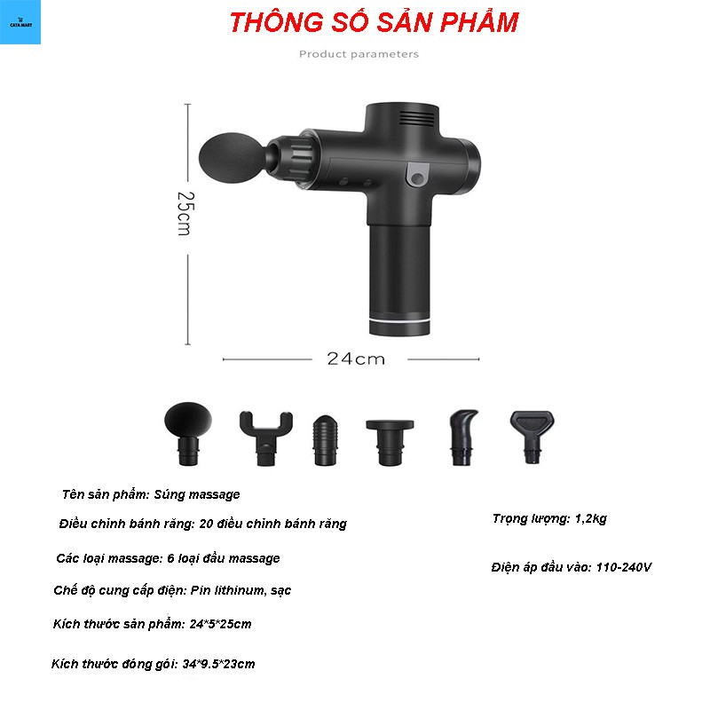 SÚNG MASSAGE EM009  giảm đau nhức, căng cơ, chuột rút toàn thân, 6 đầu massage, đèn LED hiển thị - LB86212