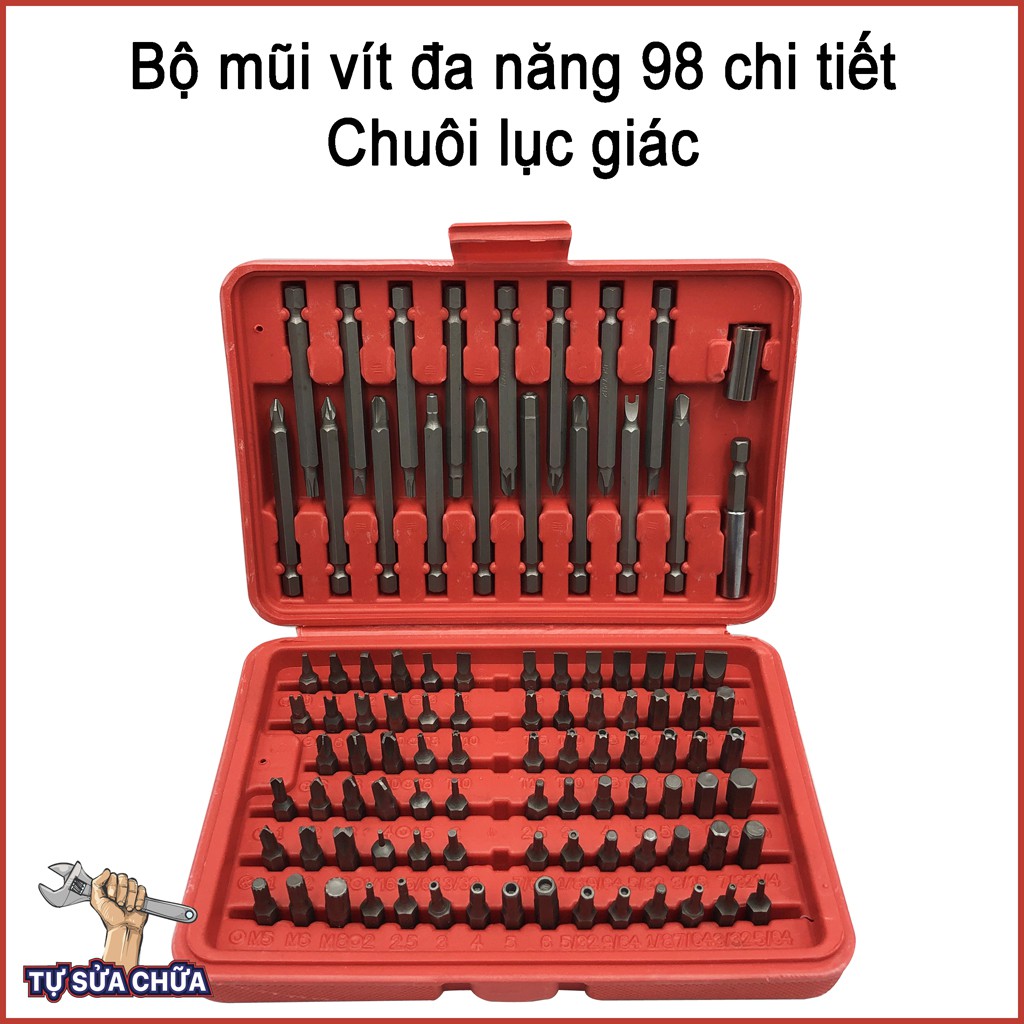 Bộ mũi vít đa năng chuôi lục giác 6.35mm 98 chi tiết cho máy khoan, máy bắt vít cầm tay