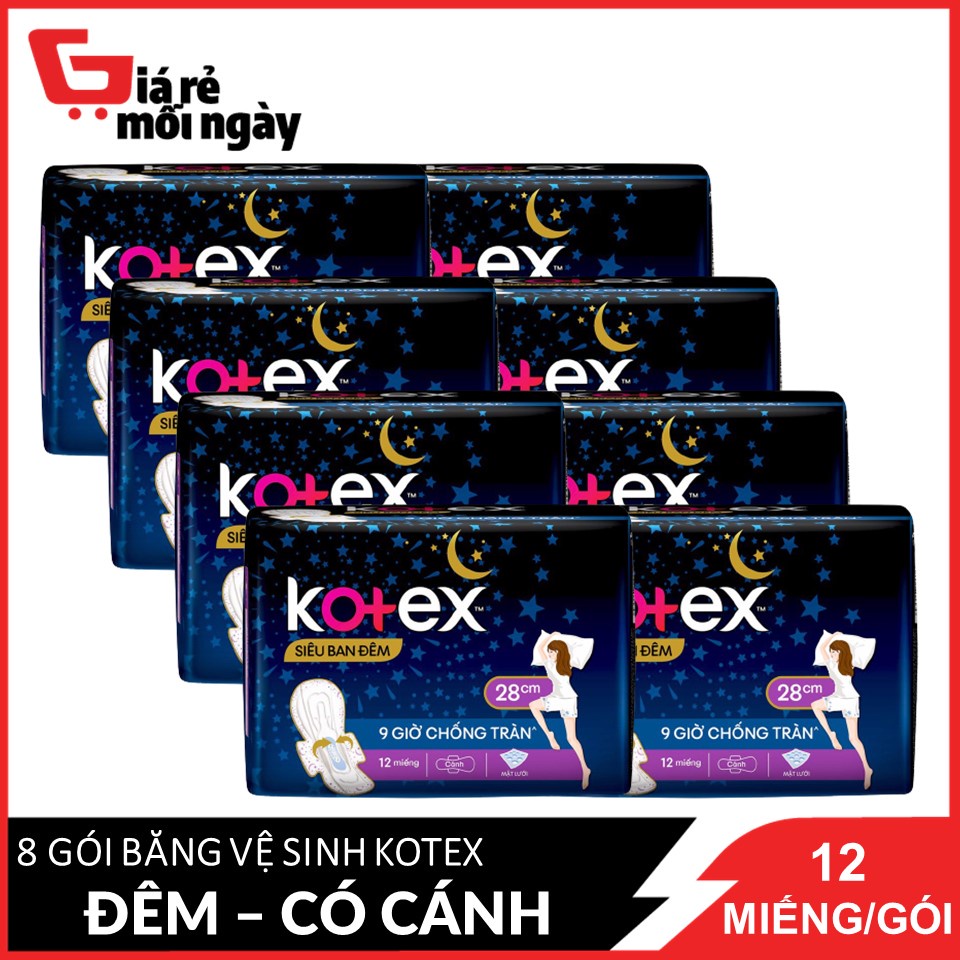 Combo 8 Băng Vệ Sinh Có Cánh 28cm Kotex Siêu Ban Đêm 9 Giờ Chống Tràn 12 miếng