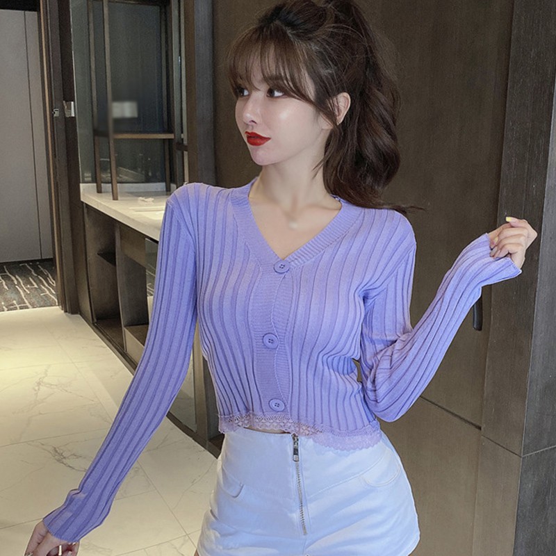 Women's Sexy V-neck Button Lace Ruffled Short Knitted Long Sleeved Cardigan | BigBuy360 - bigbuy360.vn