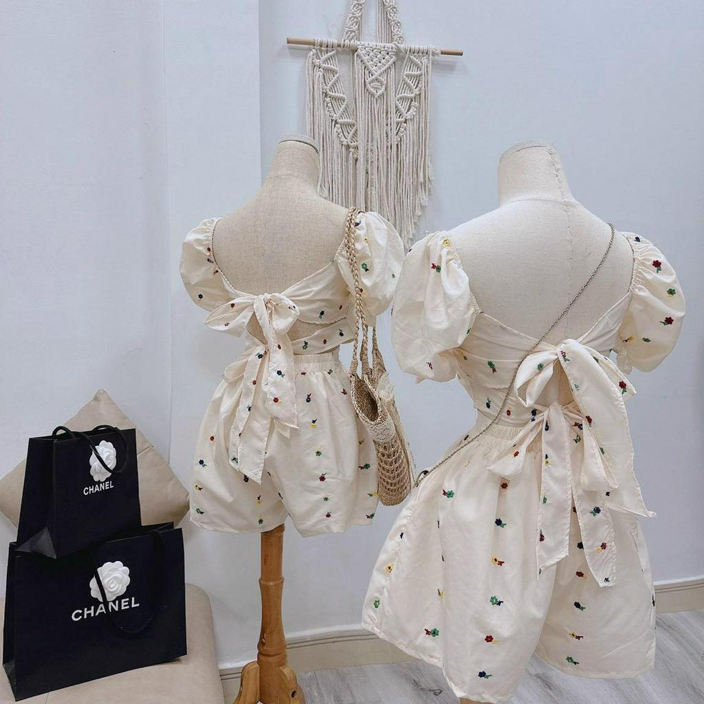 SET ÁO NUDE XOẮN THÊU HOA NƠ SAU + SHORT