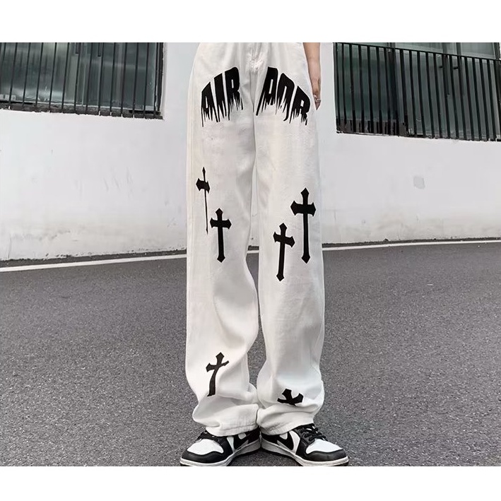 Quần Jean Dài Dáng Rộng Phong Cách Đường Phố Mỹ Thời Trang Cá Tính Cho Nam Và Nữ