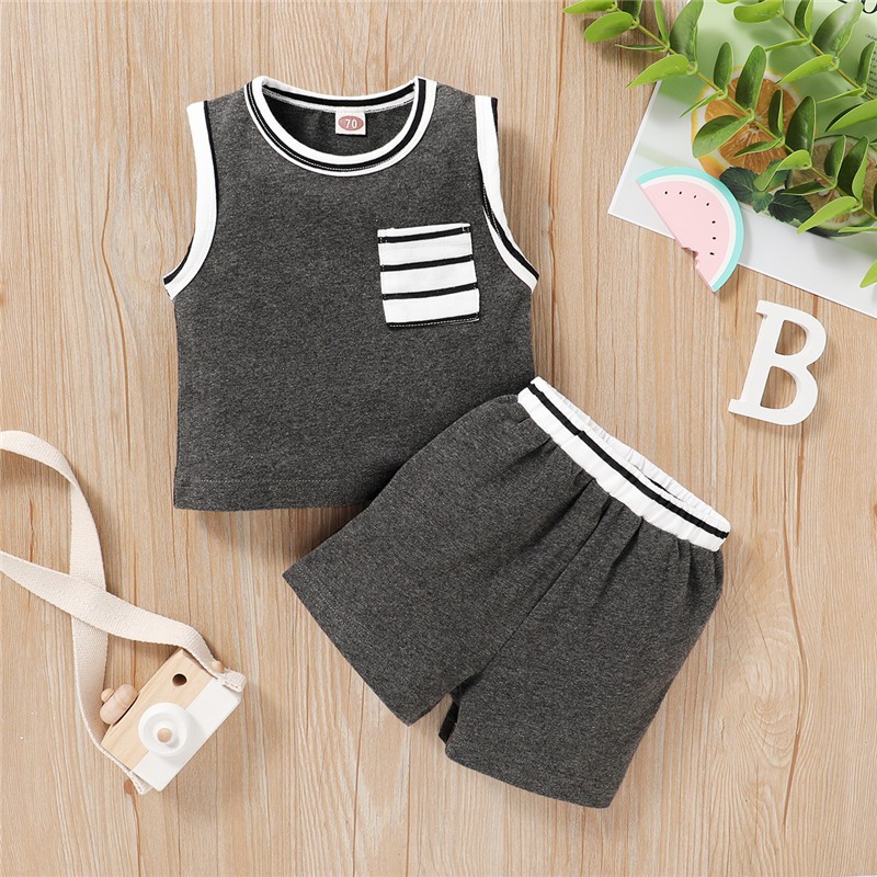 Mikrdoo Em bé dễ thương Áo sơ mi không tay + soóc Bộ quần áo 2PCS Dành cho bé trai 0-18 tháng