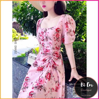 Đầm Bông Cổ Vuông Dây Rút Lụa Cao Cấp