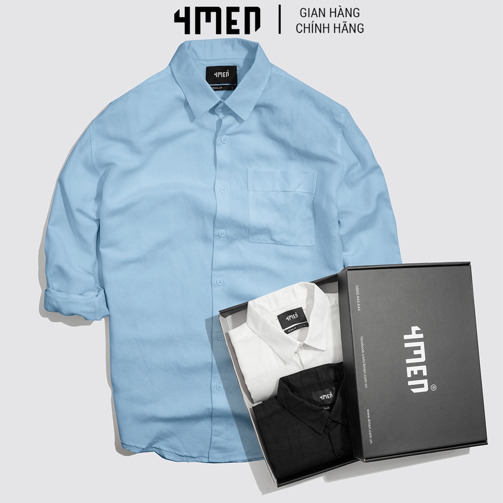 Áo sơ mi nam linen trơn đẹp 4MEN SM069 tay dài có túi form suông regular, vải linen cotton cao cấp thoáng mát