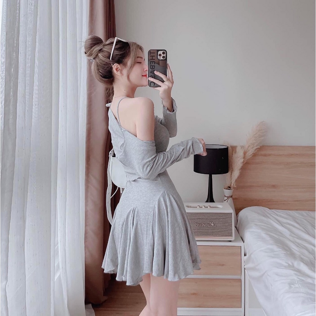 Set váy 2 dây xoè bèo kèm áo khoác cadigan gân tăm phong cách ulzzang Hàn Quốc đi dự tiệc đi chơi siêu xinh