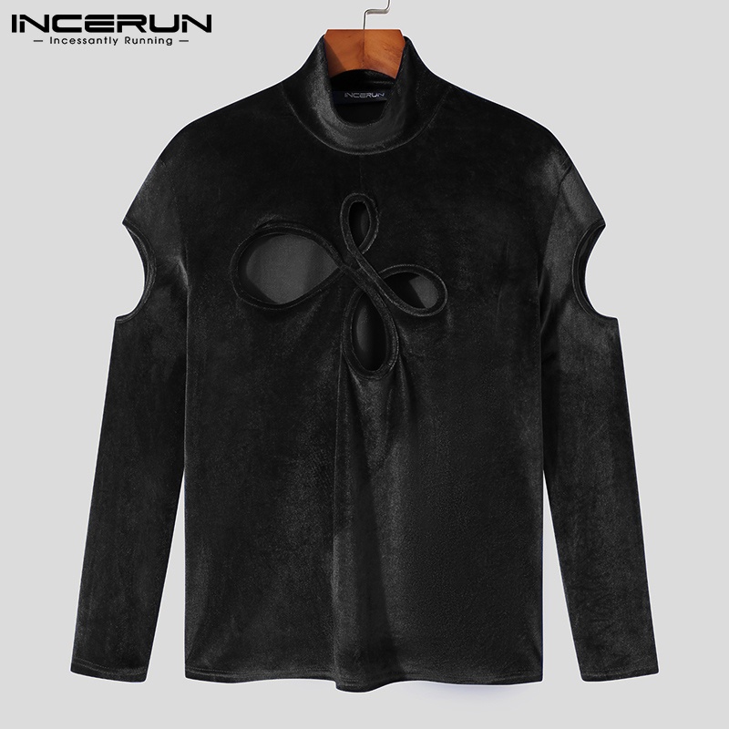 Áo nam INCERUN tay dài cổ cao dáng ôm vải nhung khoét lỗ thời trang gợi cảm