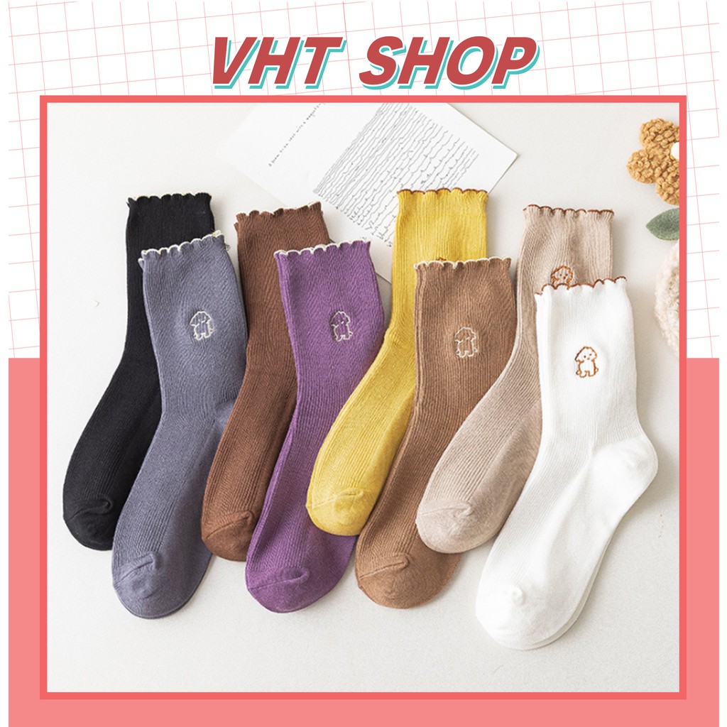 Tất bèo nữ cổ cao, vớ cổ cao vải cotton thêu hình chú cún phong cách thời trang Hàn Quốc TC57 - VHT SHOP