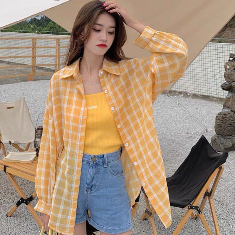 Aó sơ mi nữ,áo sơ mi dài tay kẻ phom rộng mùa hè 3 màu xinh xắn | BigBuy360 - bigbuy360.vn