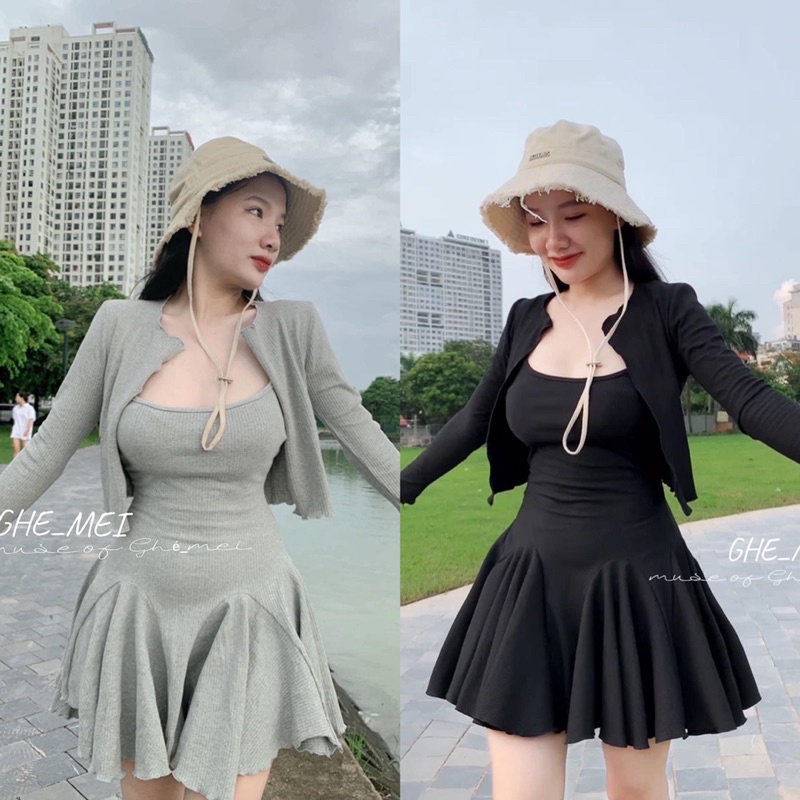 Set Váy Nữ 2 Dây Tùng Xoè Kèm Áo Khoác Ngoài Chất Thun Gân Loại 1 ( Set Váy 2 Dây + Áo Khoác Ngoài)