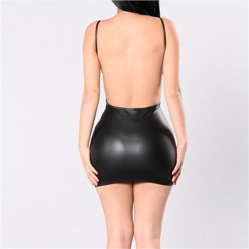 Đầm ôm dáng không tay bằng da PU thiết kế hở lưng thời trang quyến rũ