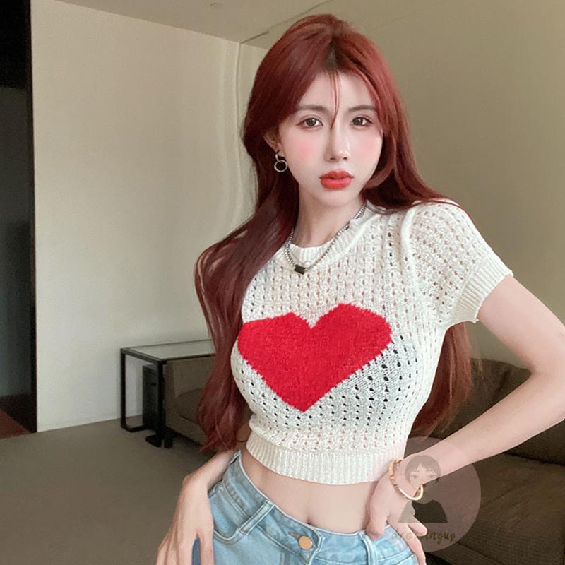 Áo Thun Tay Ngắn Cổ Tròn Họa Tiết Trái Tim Thời Trang Cho Nữ