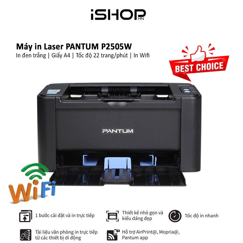 Máy in Laser PANTUM P2505W, in qua mạng Wifi, đen trắng, khổ giấy A4, tốc độ 22 trang/phút