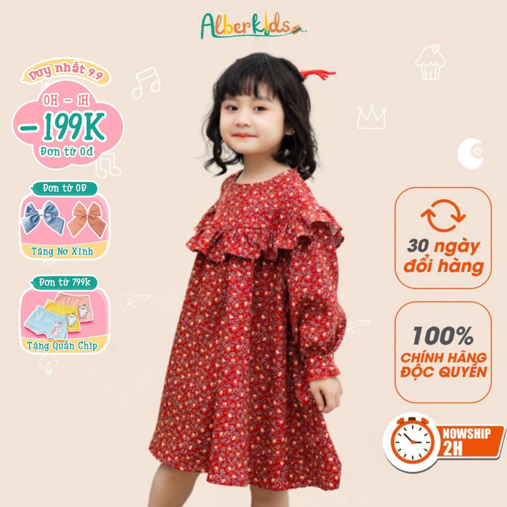 Váy cho bé gái ALBER KIDS đỏ mận dài tay công chúa xinh đẹp Luci Dress cho trẻ em 2,3,4,5,6,7,8,9,10,11,12 tuổi[V33]