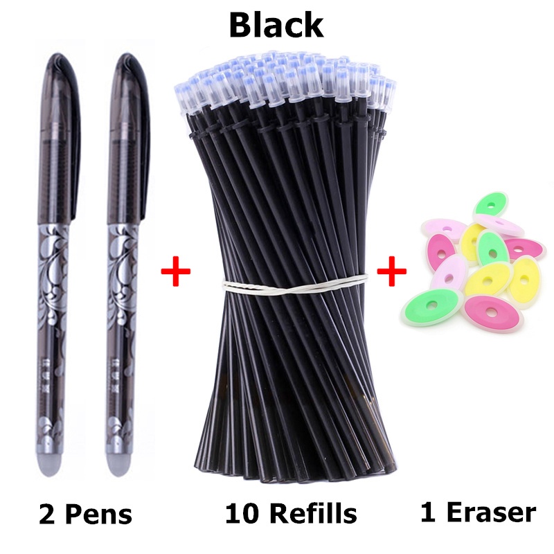 Set 2 bút bi mực gel ngòi 0.5mm kèm 10 ruột bút thay thế + 1 cục tẩy màu đen/ xanh dương có thể xóa được
