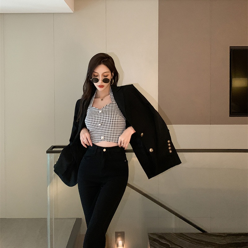 Áo hai dây họa tiết Houndstooth quyến rũ thời trang thu đông | BigBuy360 - bigbuy360.vn