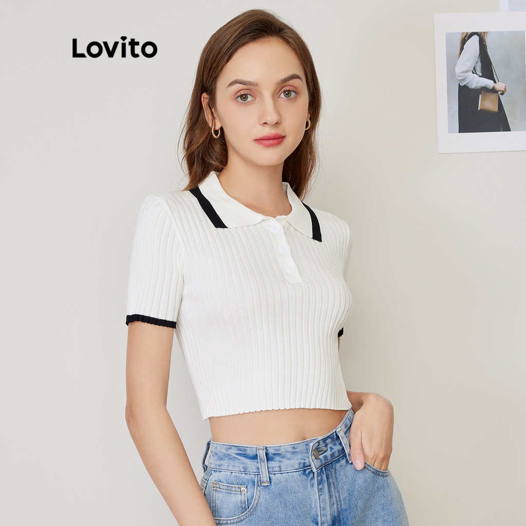 Đan hàng đầu Lovito Cổ áo nút chặn màu trơn Bình thường L27AD008 (Trắng)