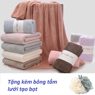 Khăn tắm bông Hàn Quốc kích thước 70x140cm + tặng kèm bông tắm tạo bọt - màu ngẫu nhiên