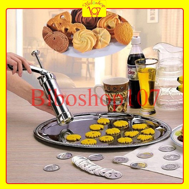 Khuôn nhấn bánh qui cookies press Inox 20 mặt kèm 4 đuôi bắt