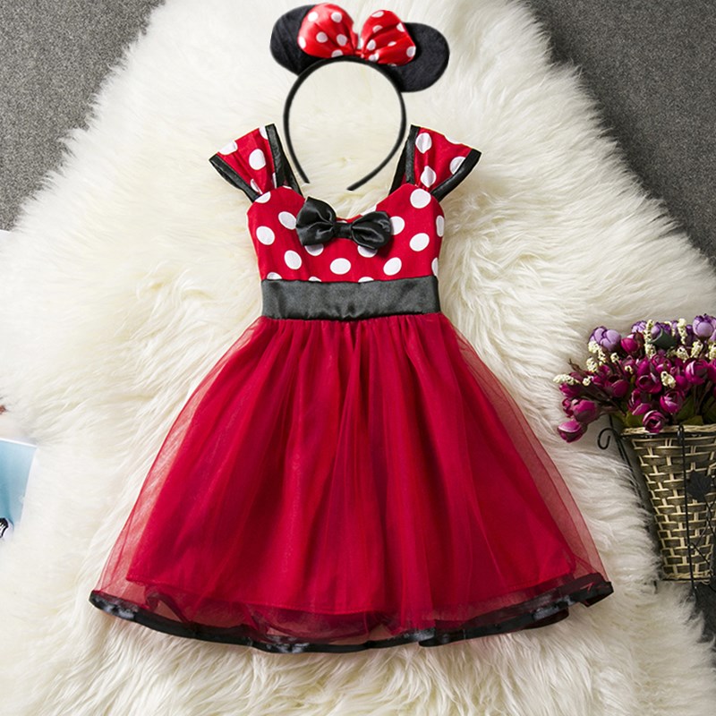Đầm công chúa họa tiết chấm bi đỏ hình chuột Minnie dễ thương cho bé gái